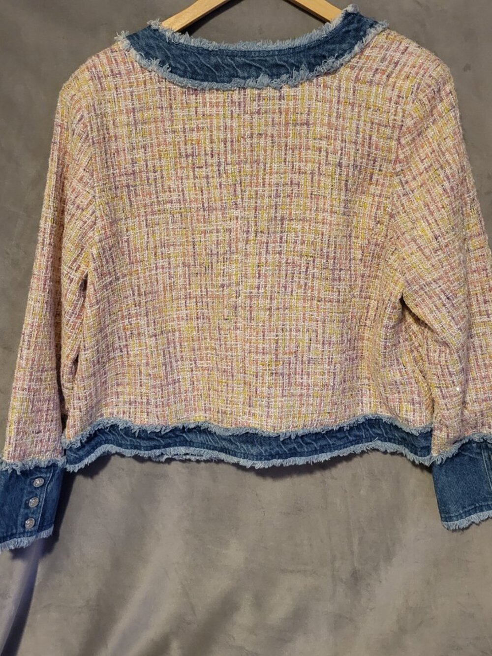 Nanette Lepore Pink Multi Sequin Denim Fringe Lined Open Blazer Women XL NWT - Picture 2 of 14
